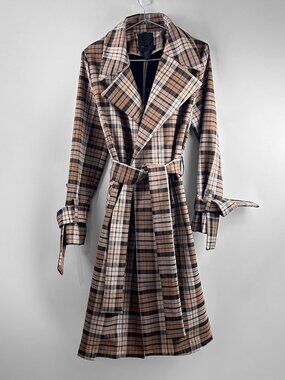 Maison Cinqcent Plaid Belted Trench Coat XS | Oversized Fit